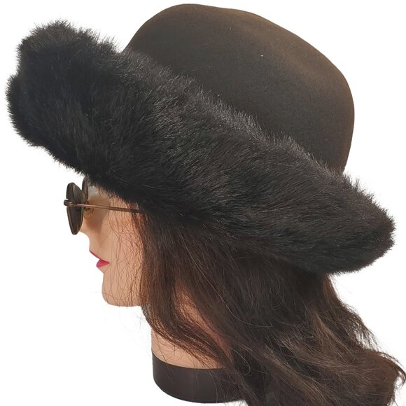 Da-Me Women's Brown Wool Hat w/ Faux Fur Trim. Made in Italy. 23" - Picture 2 of 10